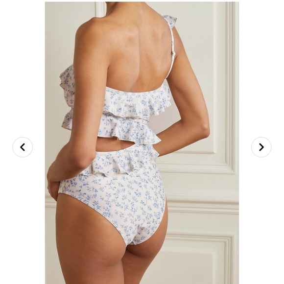 Peony Renaissance Ruffle One Shoulder One Piece Swimsuit in Porcelain - Picture 2 of 7